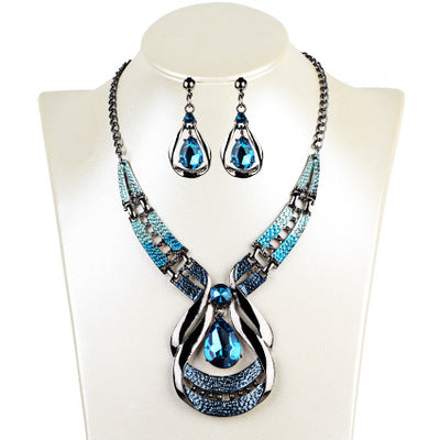 European and American blue jewel necklace and earrings set