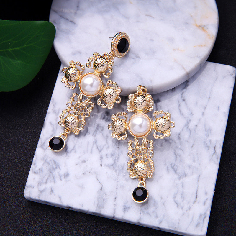 European American hollow cross alloy earrings