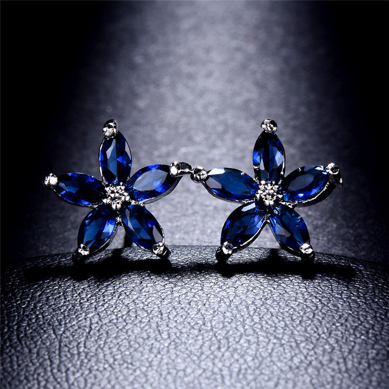 Trendy blue zircon floral stud earrings for women