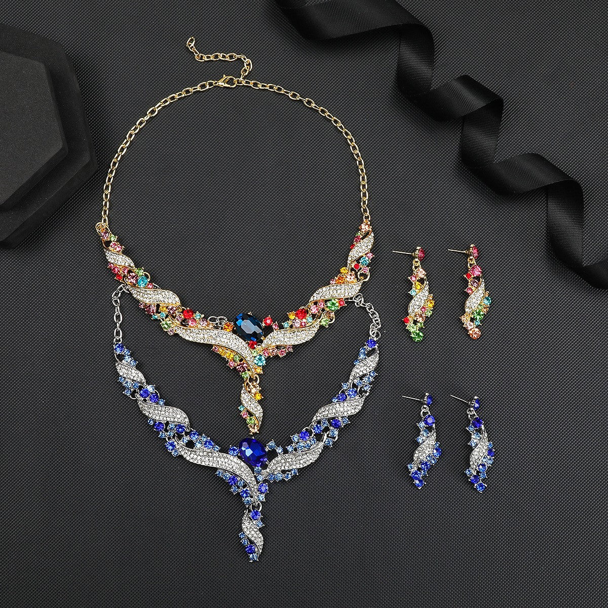 Blue leaf necklace and earring set for formal wear