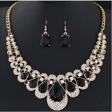 Alloy rhinestone black necklace and earrings set for girls