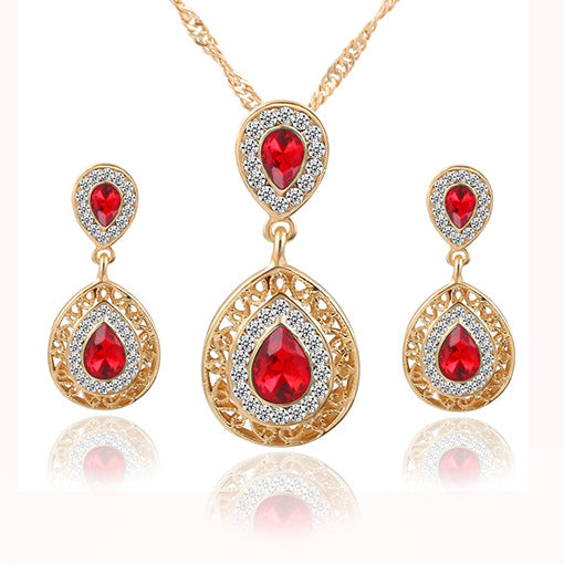 Fashion earrings and necklace combination in red, green, and blue