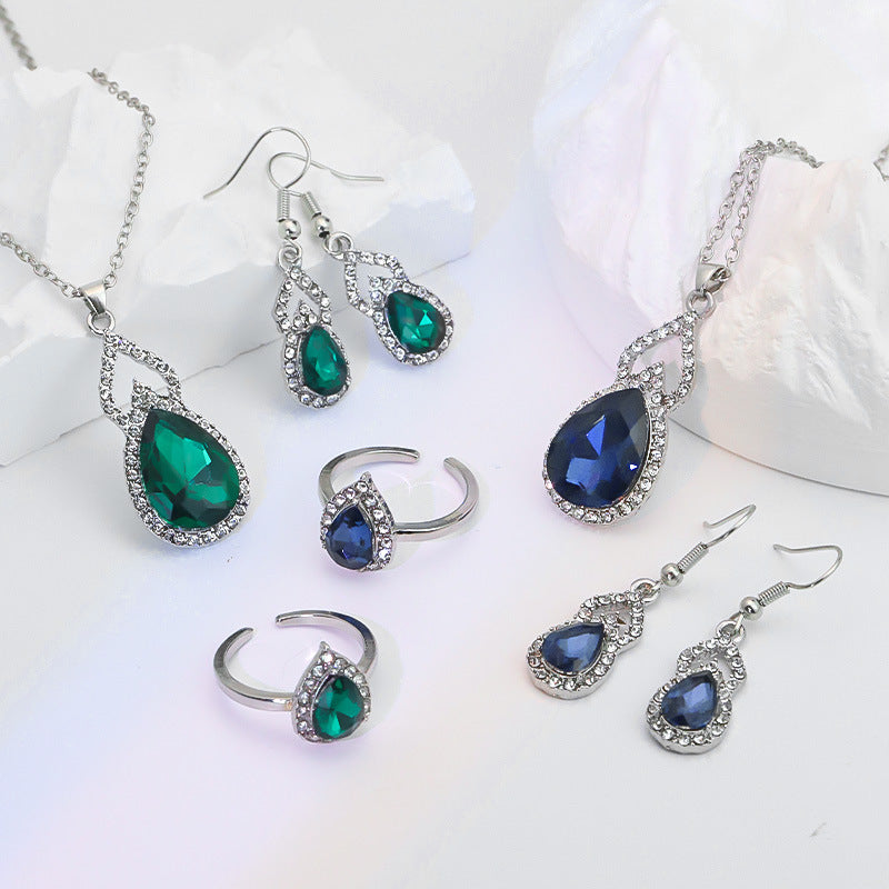 Square pattern zircon jewelry set in green and blue