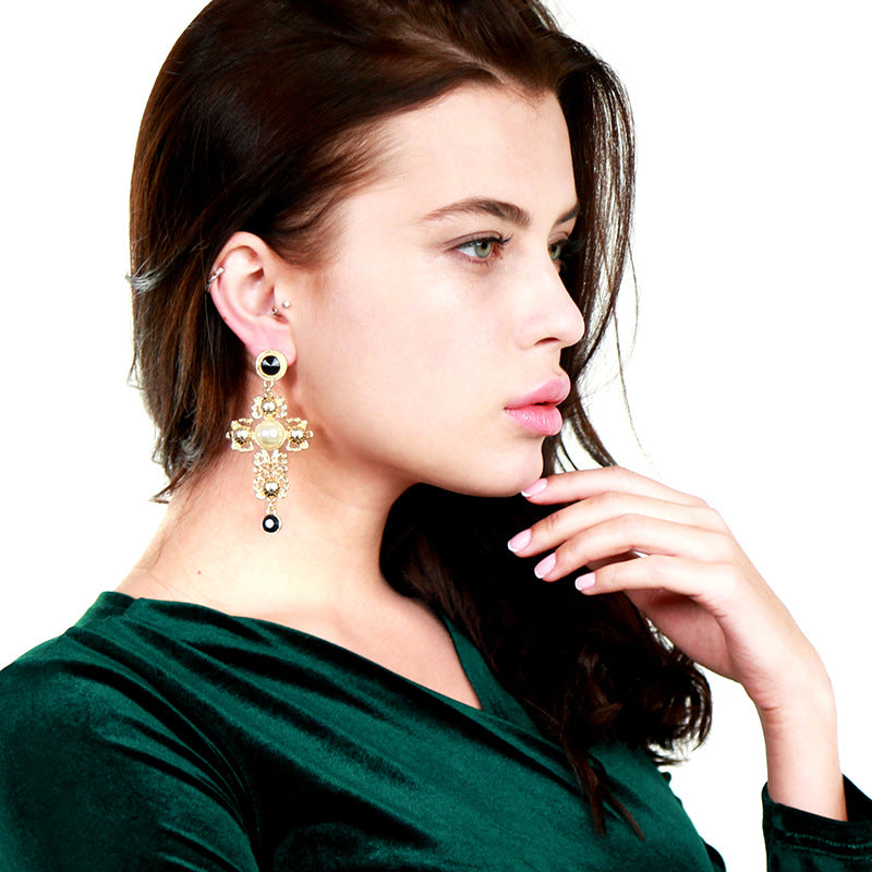 Diamond-finish hollow cross earrings for women